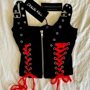 Dolls Kill Black and Red Lace-Up Crop Top